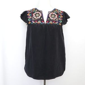 Tibi Black Silk Embroidered Top Blouse  size 8
